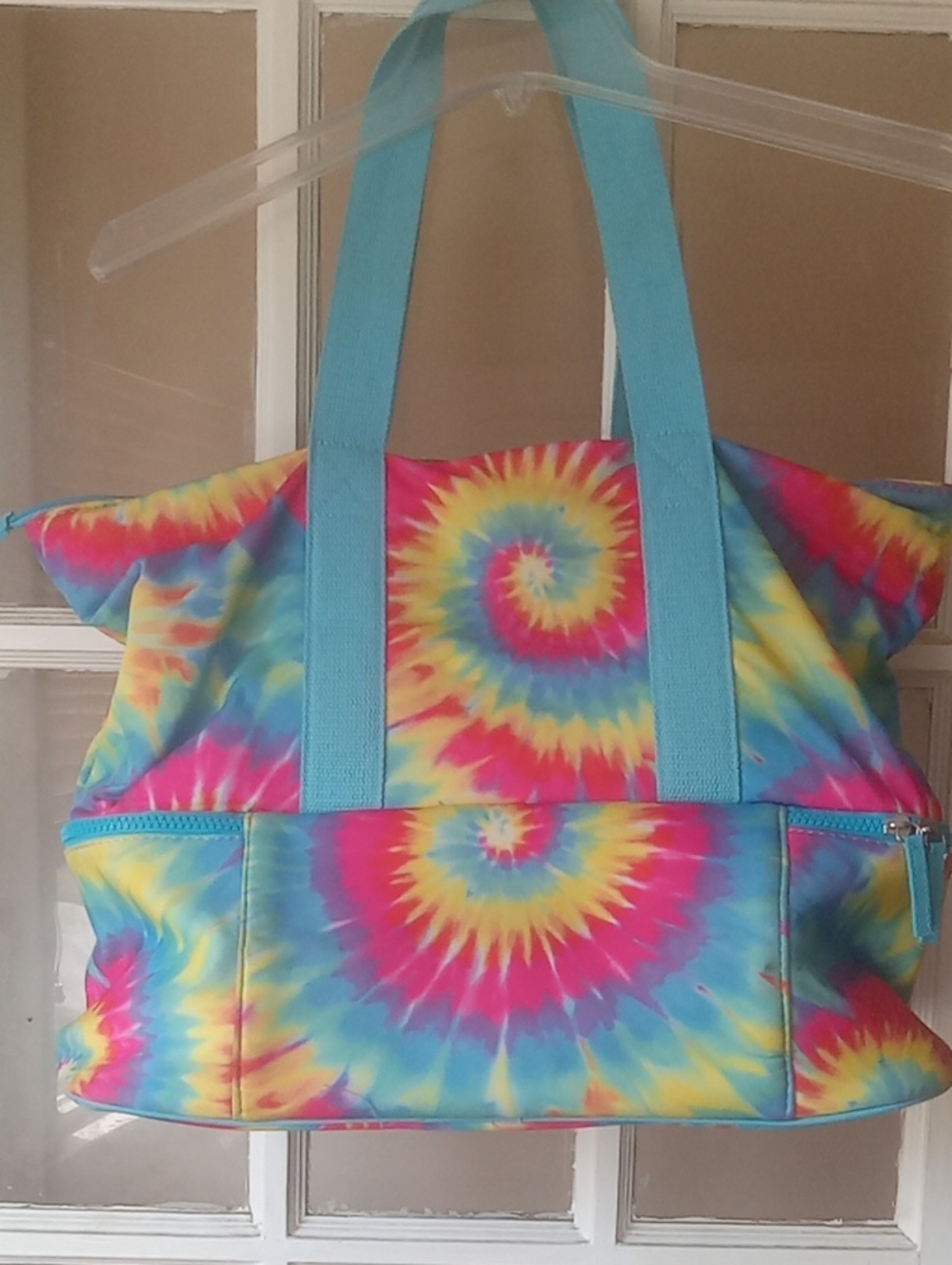 Tie-Dye Spiral Canvas Tote Bag with Aqua Straps